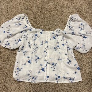 T.J.Maxx White and Blue Floral Blouse